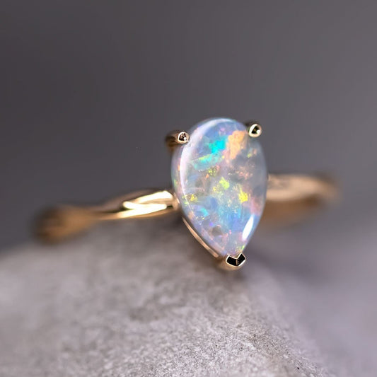 Pear Shaped Black Opal Twist Band Engagement Ring 18K Yellow Gold