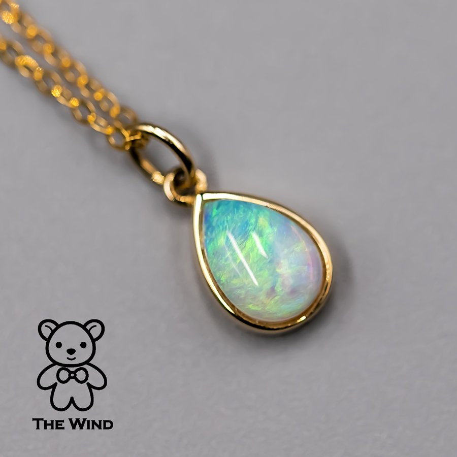 Pear Shaped Australian Solid Opal Necklace 14k Yellow Gold