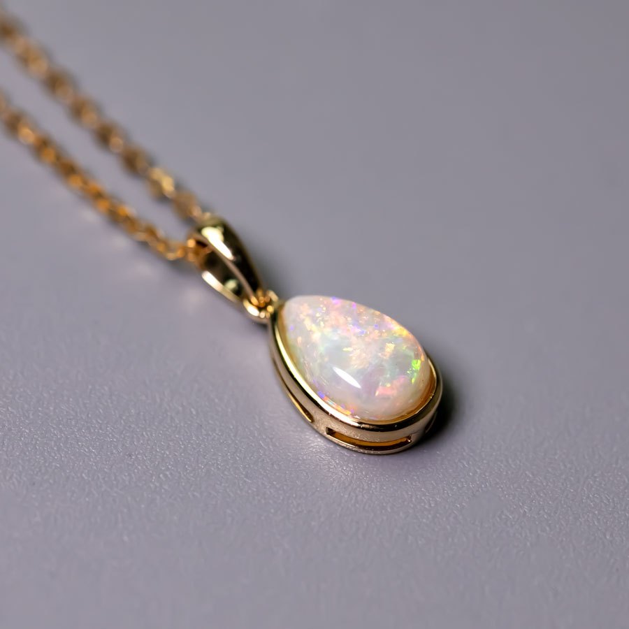 Pear Shaped Australian Solid Opal Necklace 14k Yellow Gold
