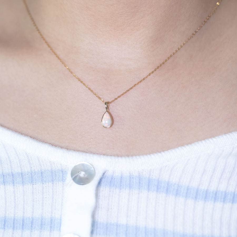 Pear Shaped Australian Solid Opal Necklace 14k Yellow Gold
