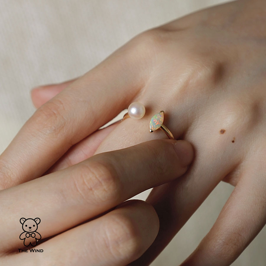 Australian Solid Opal with Akoya Pearl Open Adjustable Ring 18K Yellow Gold