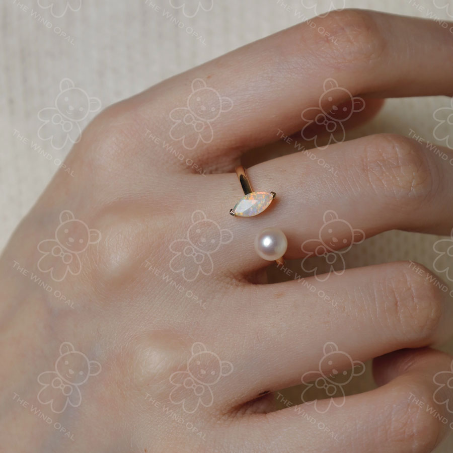Australian Solid Opal with Akoya Pearl Open Adjustable Ring 18K Yellow Gold