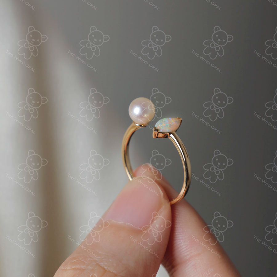Australian Solid Opal with Akoya Pearl Open Adjustable Ring 18K Yellow Gold