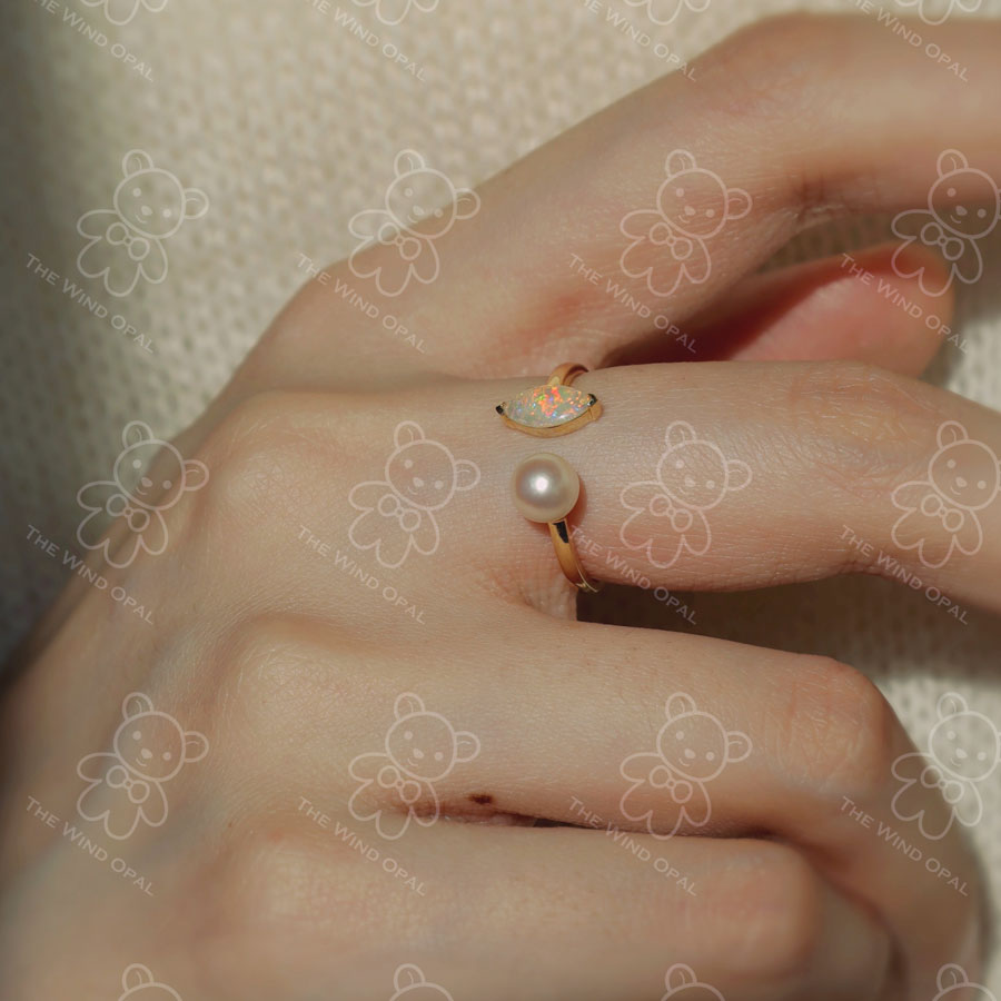 Australian Solid Opal with Akoya Pearl Open Adjustable Ring 18K Yellow Gold