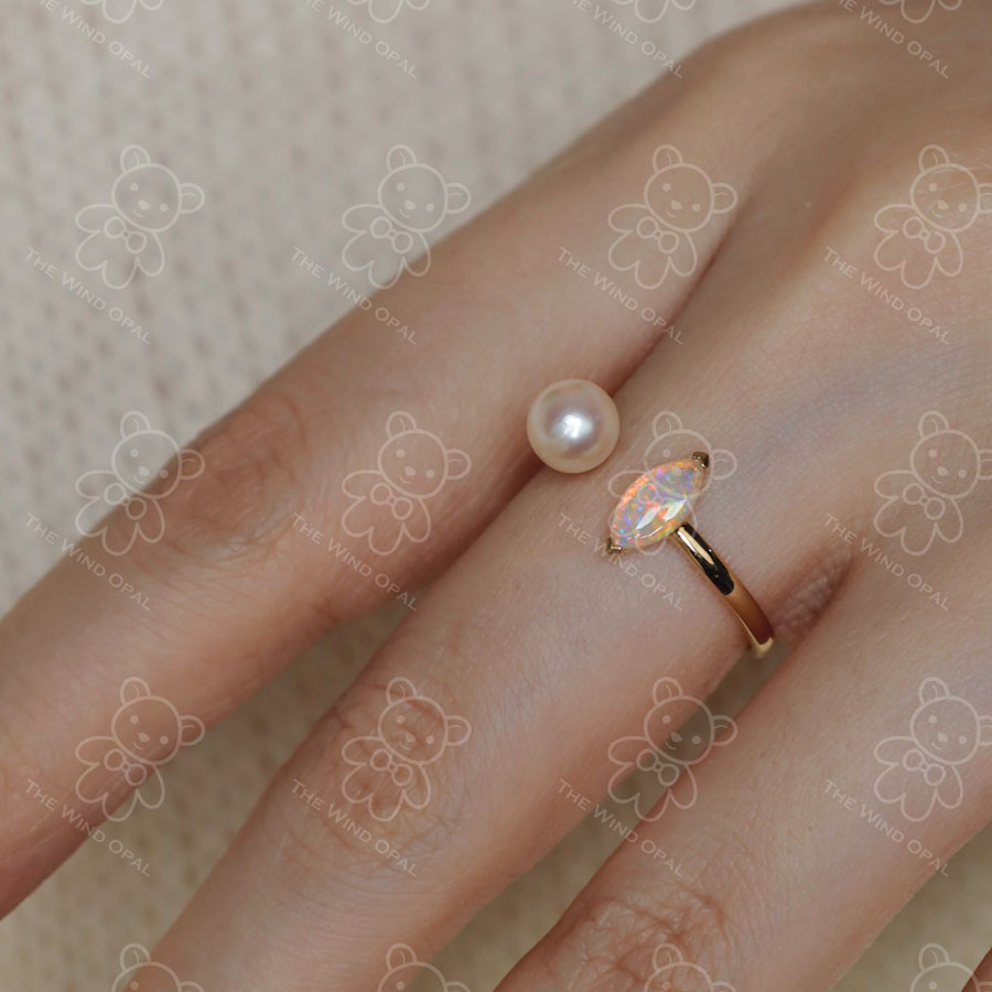 Australian Solid Opal with Akoya Pearl Open Adjustable Ring 18K Yellow Gold