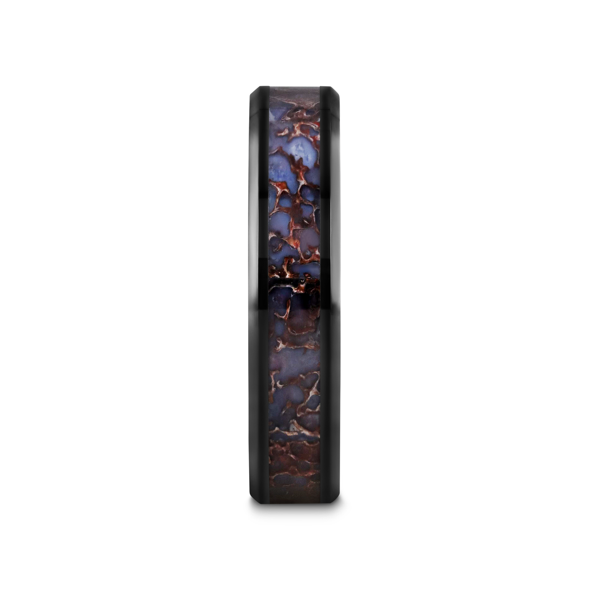 PERMIAN Blue Dinosaur Bone Inlaid Black Ceramic Beveled Edged Ring - 4mm or 8mm
