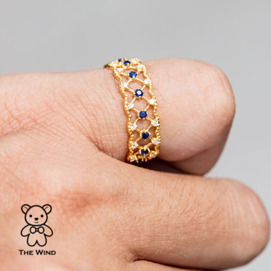 Geometric Art Design Sapphire & Diamond 18K Yellow Gold Ring