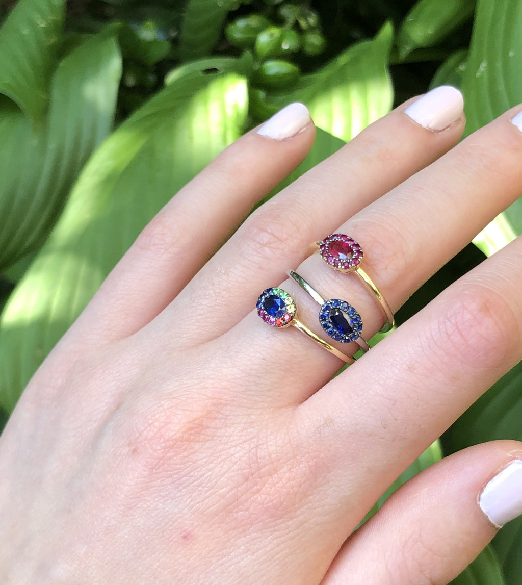 Sapphire and Rainbow Halo Ring