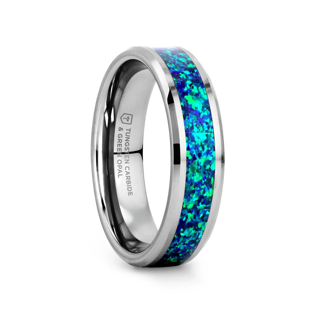 PHOTON Tungsten Beveled Wedding Band with Emerald Green & Sapphire Blue Color Opal Inlay - 6mm & 8mm