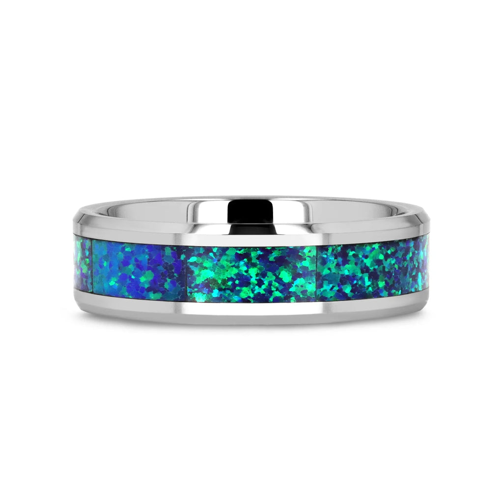 PHOTON Tungsten Beveled Wedding Band with Emerald Green & Sapphire Blue Color Opal Inlay - 6mm & 8mm