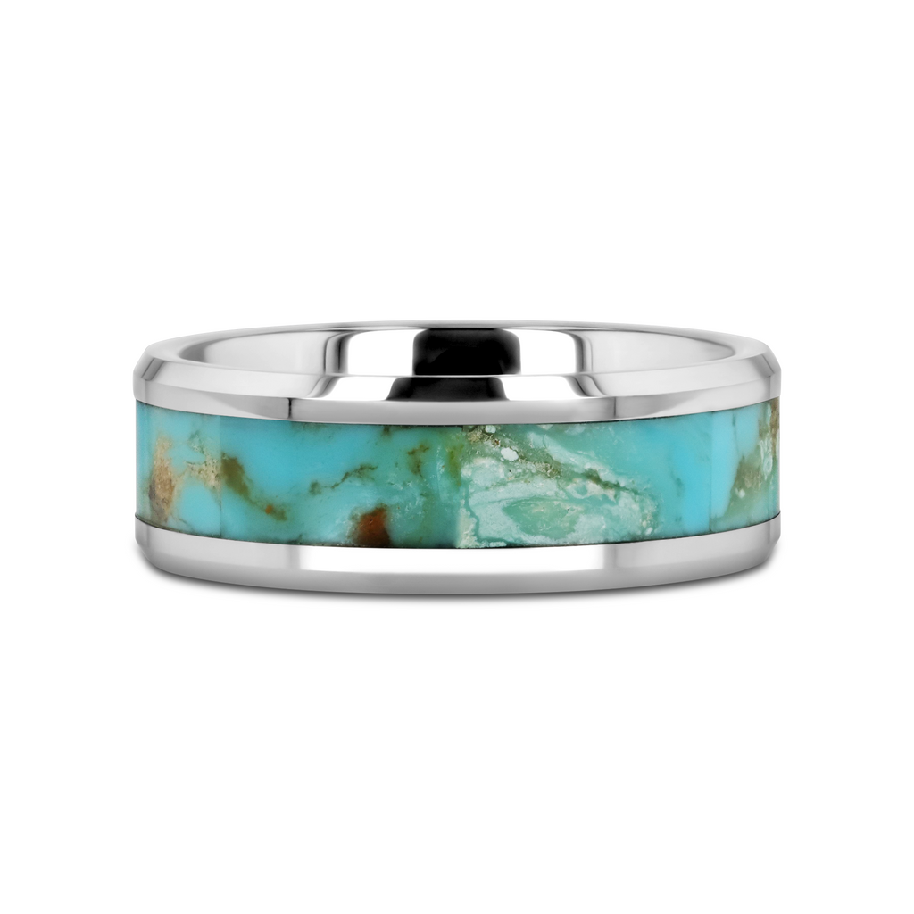 PIERRE Men’s Polished Tungsten Wedding Band with Light Blue Turquoise Stone Inlay & Polished Beveled Edges - 8mm