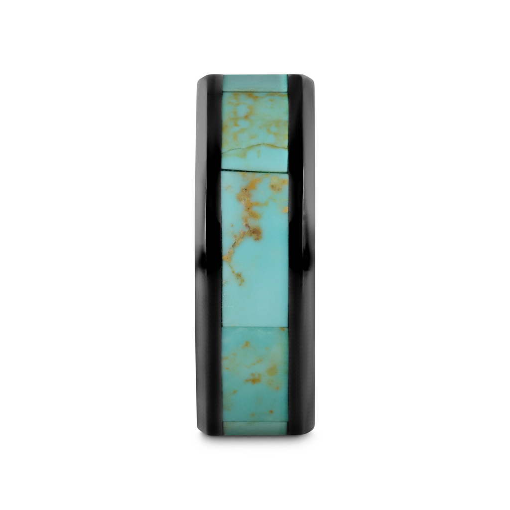 PIETRO Men’s Polished Black Ceramic Wedding Band with Light Blue Turquoise Stone Inlay & Polished Beveled Edges - 8mm