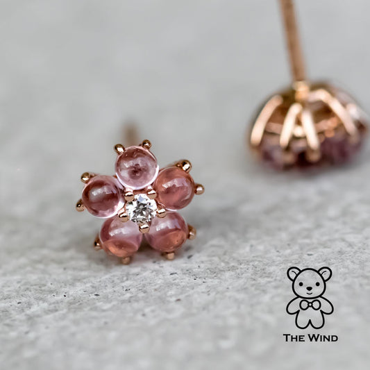 Plum Blossom Sakura Flower Pink Sapphire Diamond Stud Earrings 18k Rose Gold