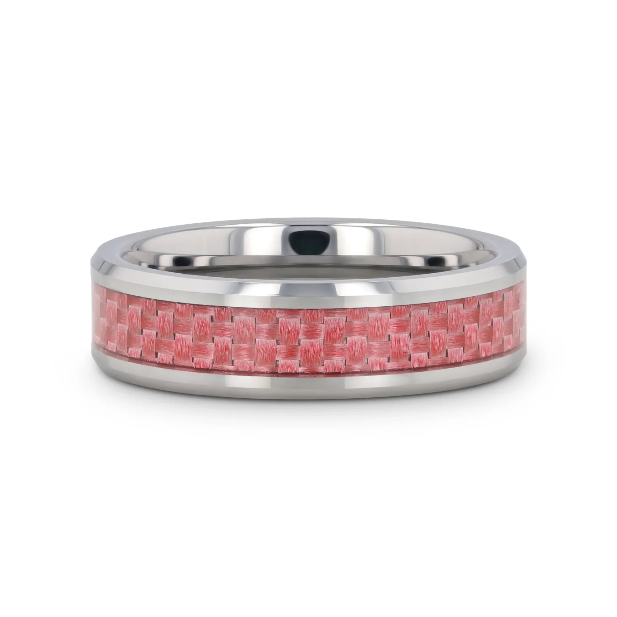 PINK Beveled Tungsten Wedding Band with Pink Carbon Fiber -4mm & 6mm