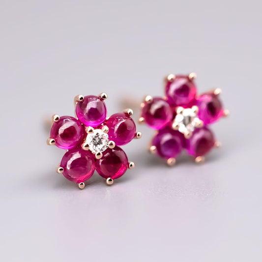 Plum Blossom Sakura Flower Ruby Diamond Stud Earrings 18k Rose Gold