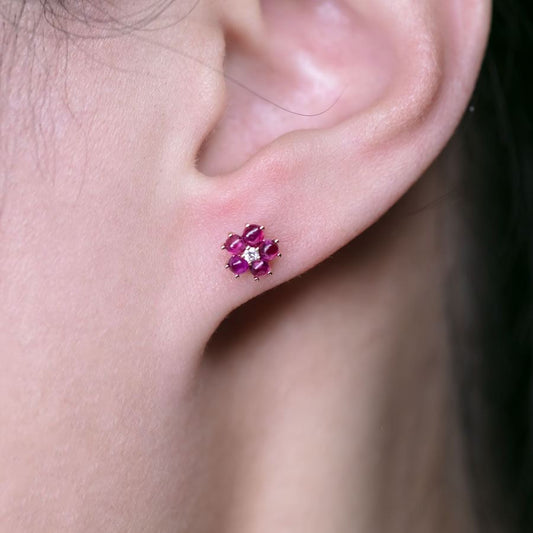Plum Blossom Sakura Flower Ruby Diamond Stud Earrings 18k Rose Gold