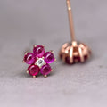 Plum Blossom Sakura Flower Ruby Diamond Stud Earrings 18k Rose Gold