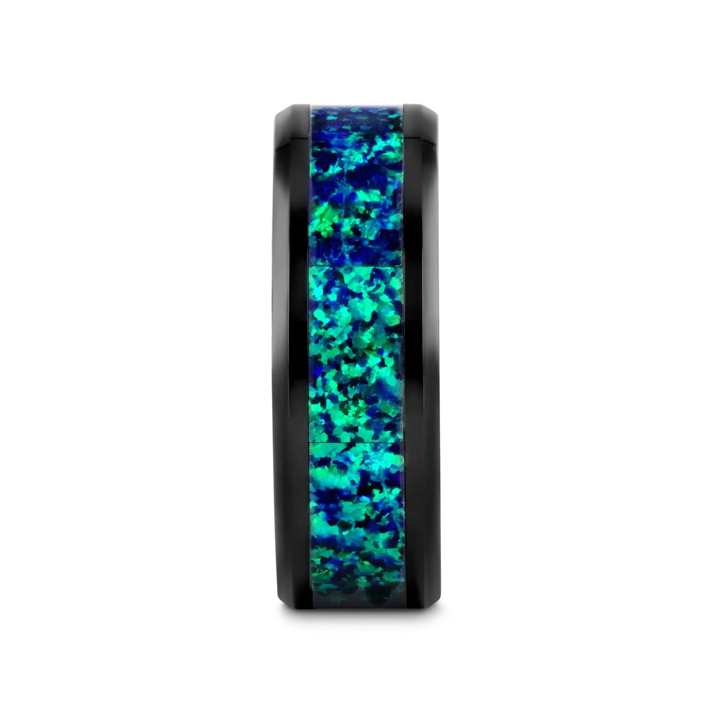 PULSAR Black Ceramic Wedding Band with Beveled Edges and Emerald Green & Sapphire Blue Color Opal Inlay - 6mm or 8 mm