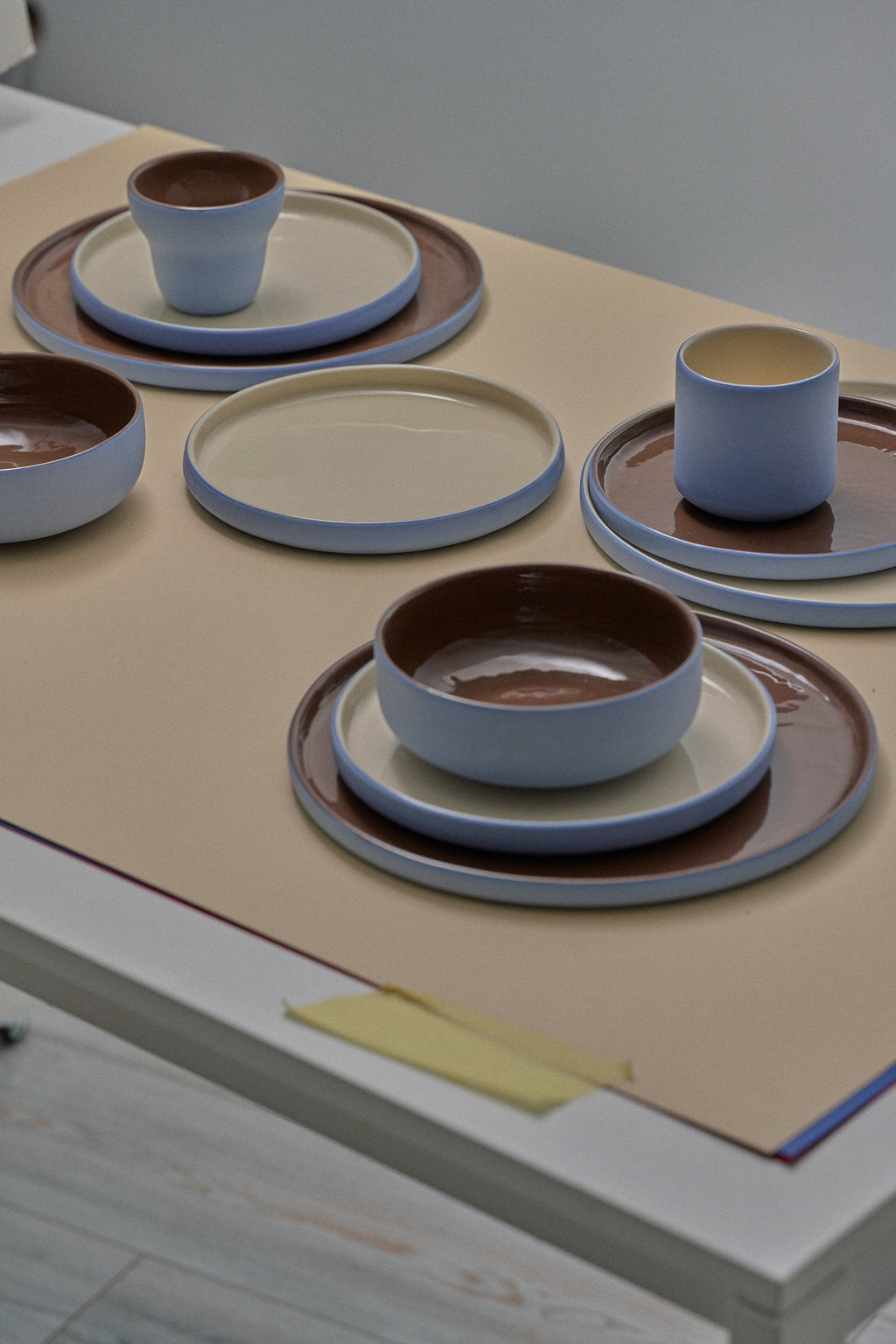Handmade Porcelain Dinner Plates. Forget-me-not/Chocolate