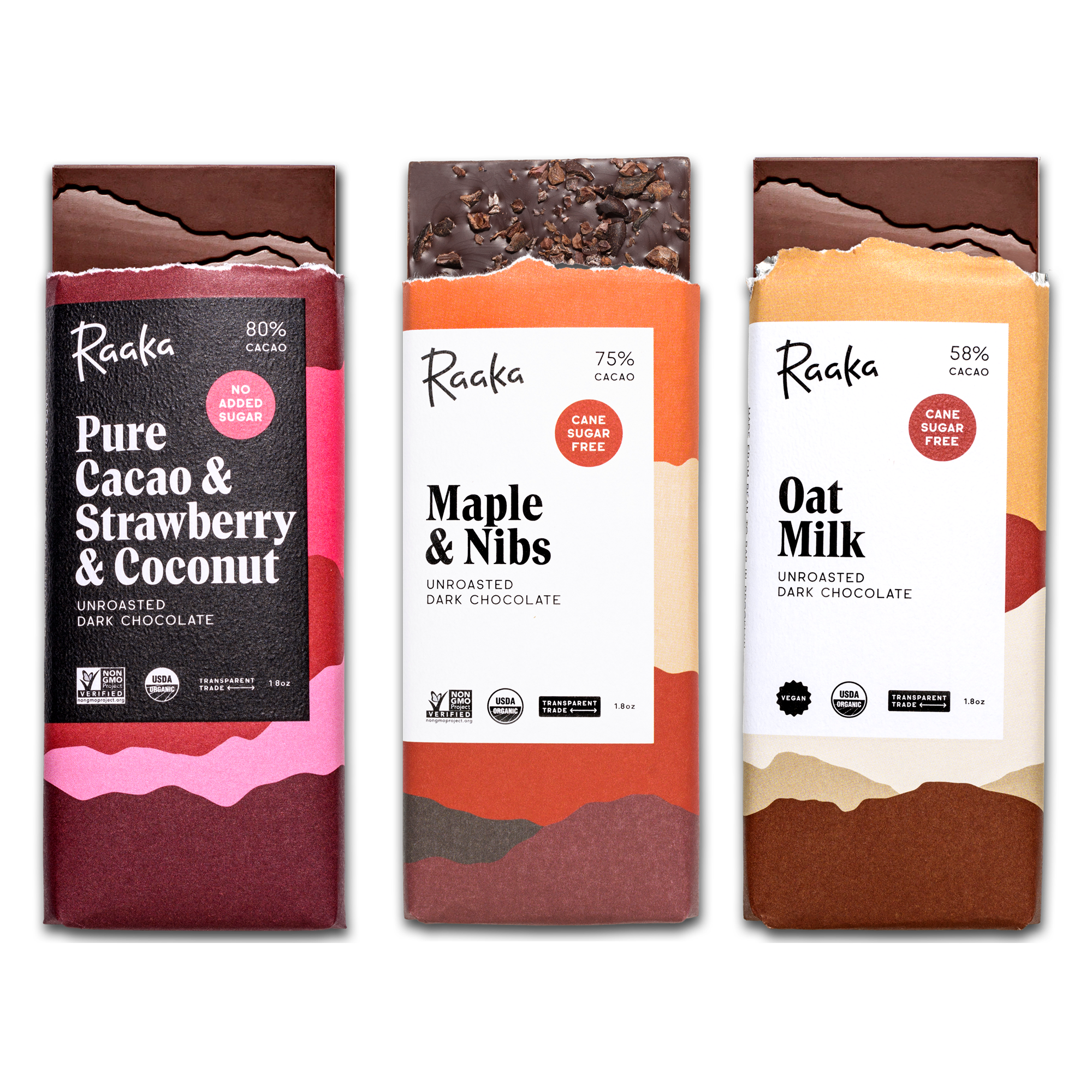 Pure Cacao Strawberry Coconut, Maple and Nibs, Oat Milk - Refined Sugar Free Bundle - Raaka Chocolate