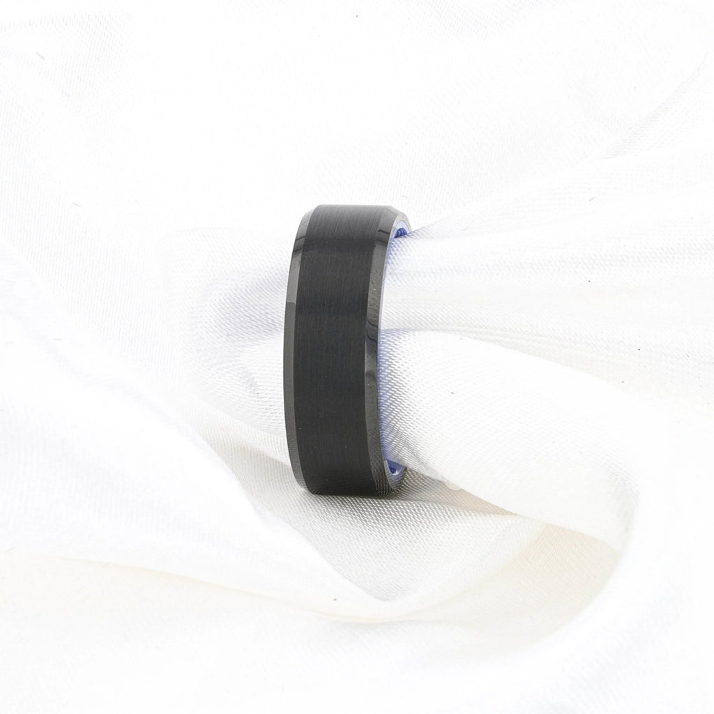 RIGEL Black Tungsten Carbide Ring – Flat Brushed Center, Polished Beveled Edges, Blue Ceramic Interior (6mm & 8mm)