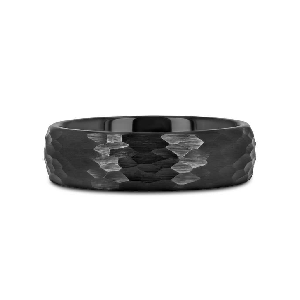 RAGNAROK Domed Hammer Finish Black Ceramic Wedding Band with Brushed Finish - 6mm & 8mm