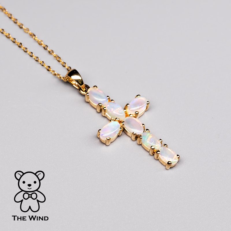 Australian Solid Opal Cross Pendant Necklace 18K Yellow Gold