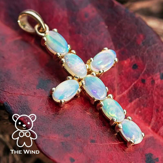 Australian Solid Opal Cross Pendant Necklace 18K Yellow Gold