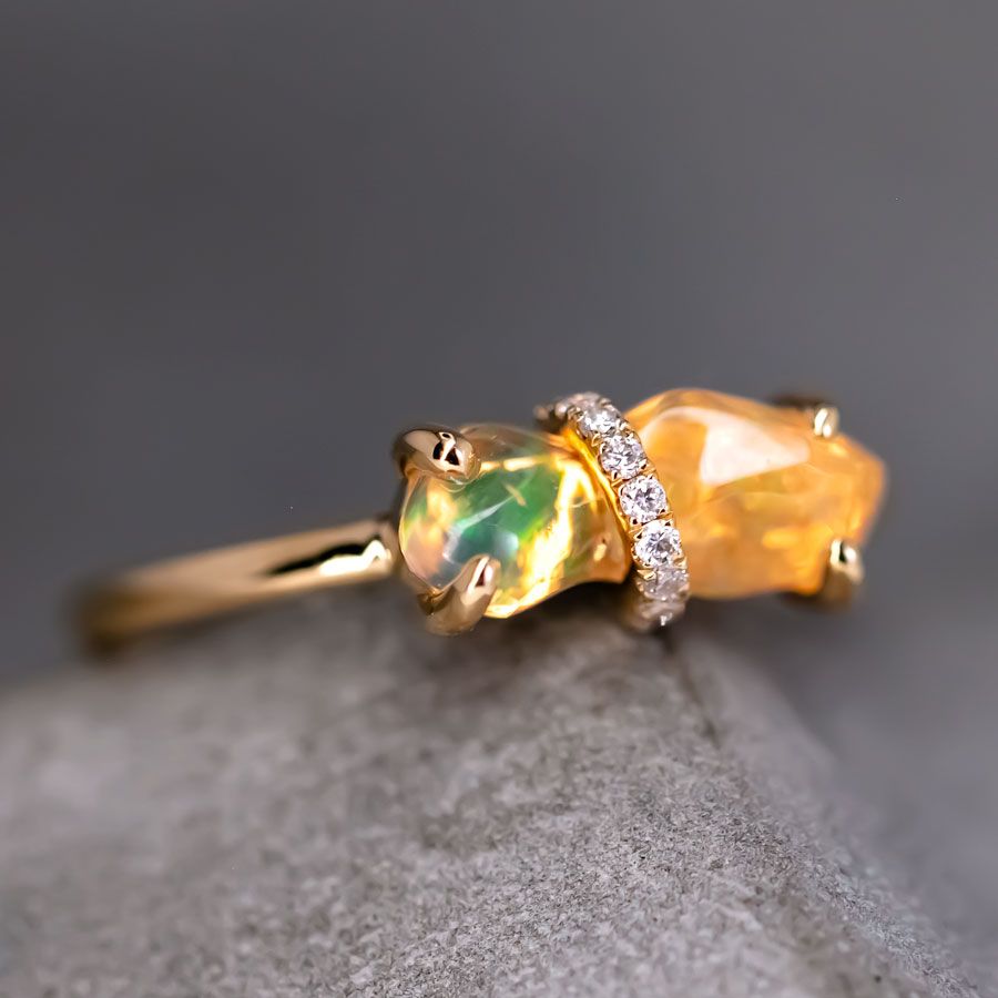 Rare Two-Color Fire Opal Diamond Engagement Ring 18K Yellow Gold