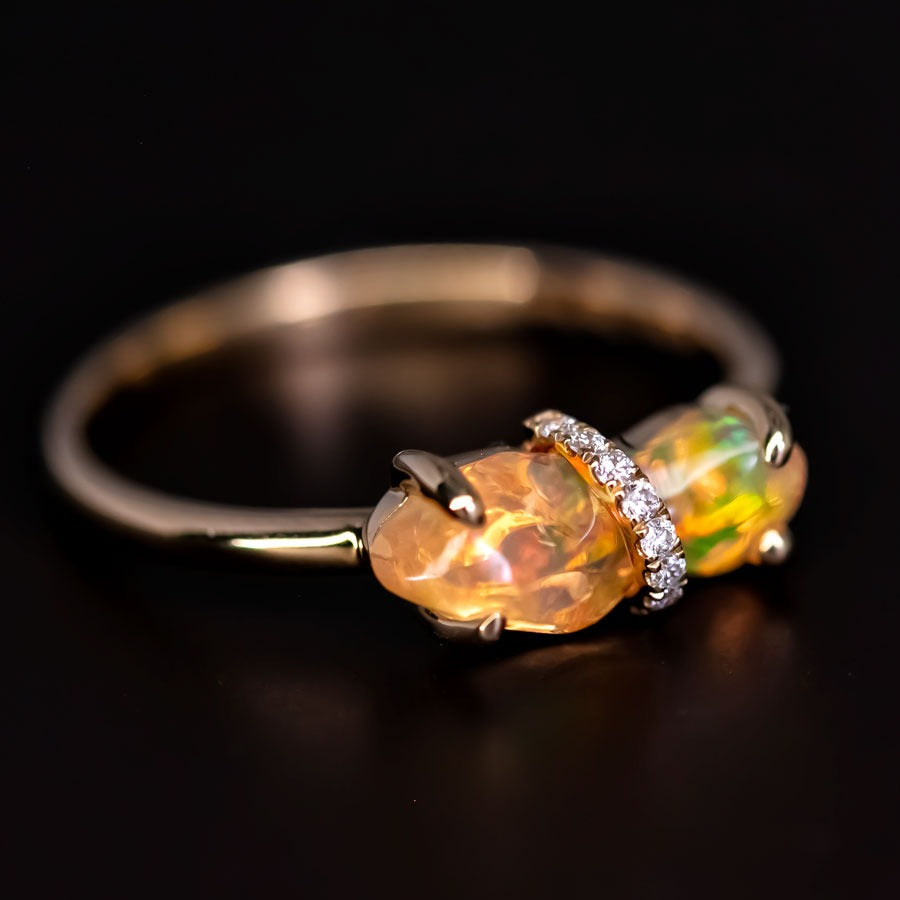 Rare Two-Color Fire Opal Diamond Engagement Ring 18K Yellow Gold