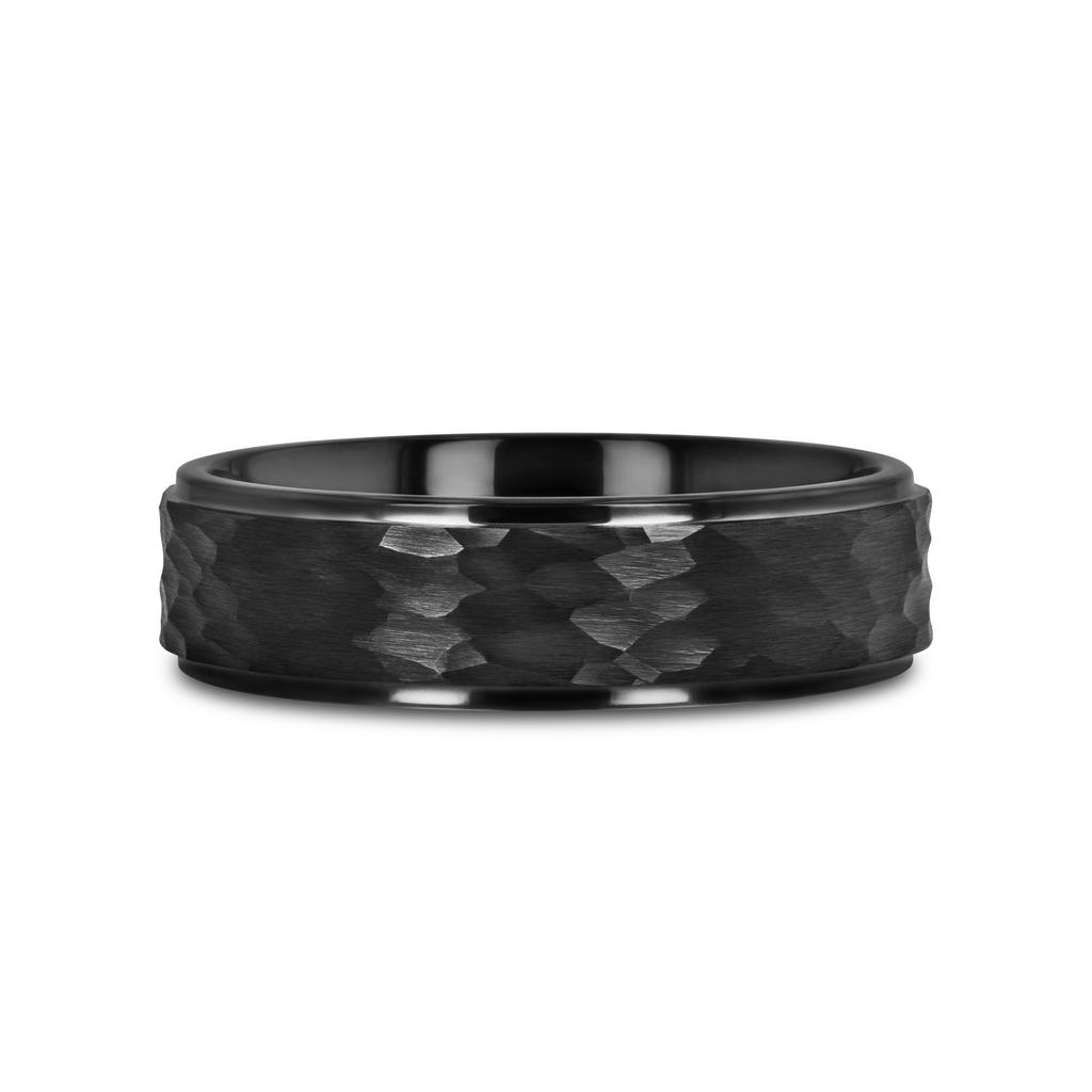 REBEL Raised Hammer Finish Step Edge Black Tungsten Carbide Wedding Band – 6mm or 8mm