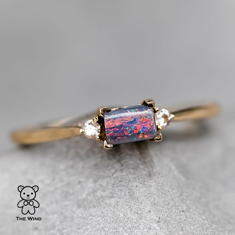 Rectangle Australian Boulder Opal Diamond Engagement Ring 18K Yellow Gold