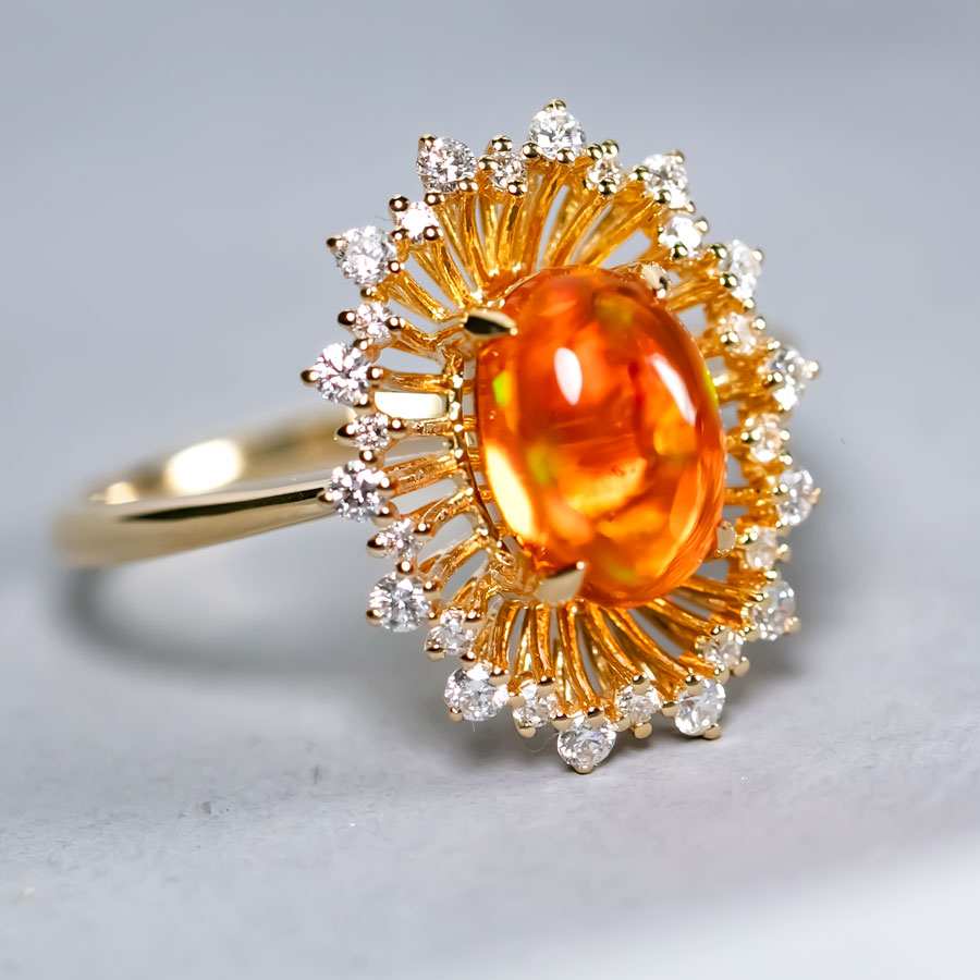 1.27ct Red Fire Opal Halo Diamond Engagement Ring 18K Yellow Gold