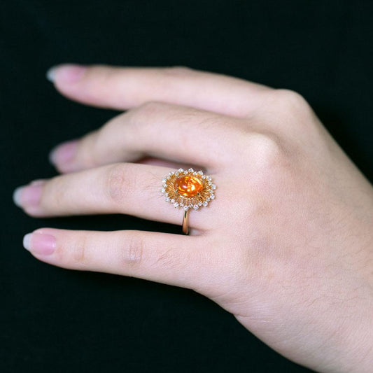 1.27ct Red Fire Opal Halo Diamond Engagement Ring 18K Yellow Gold