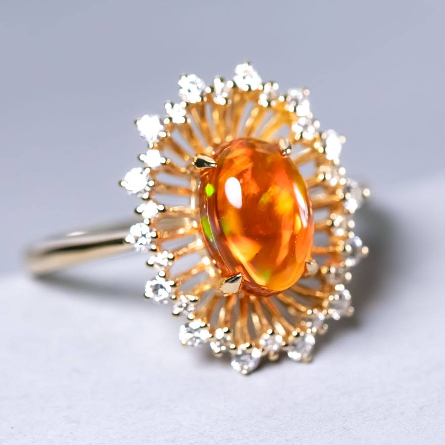1.27ct Red Fire Opal Halo Diamond Engagement Ring 18K Yellow Gold