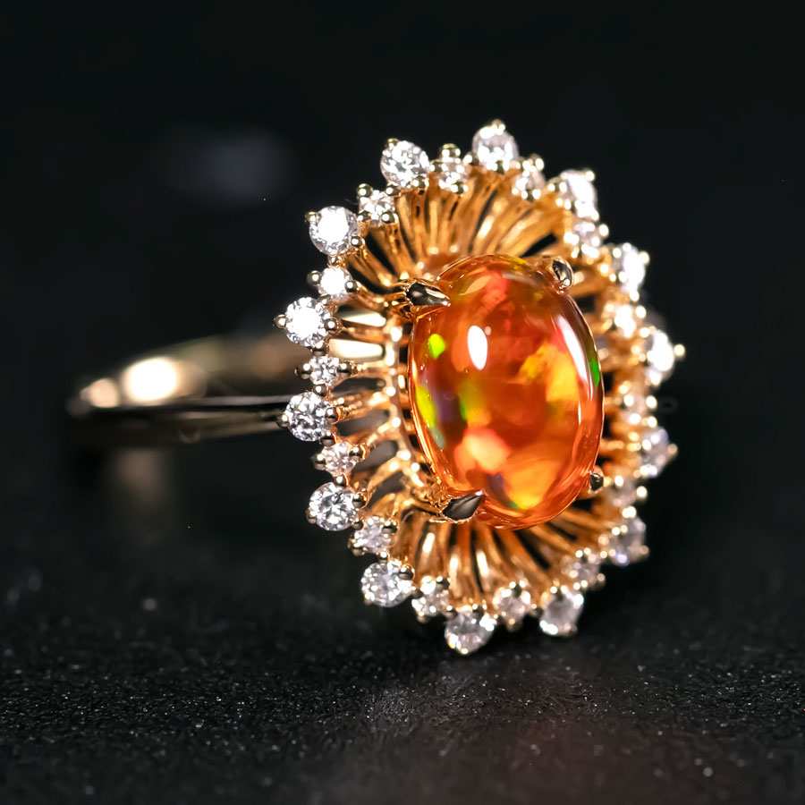 1.27ct Red Fire Opal Halo Diamond Engagement Ring 18K Yellow Gold