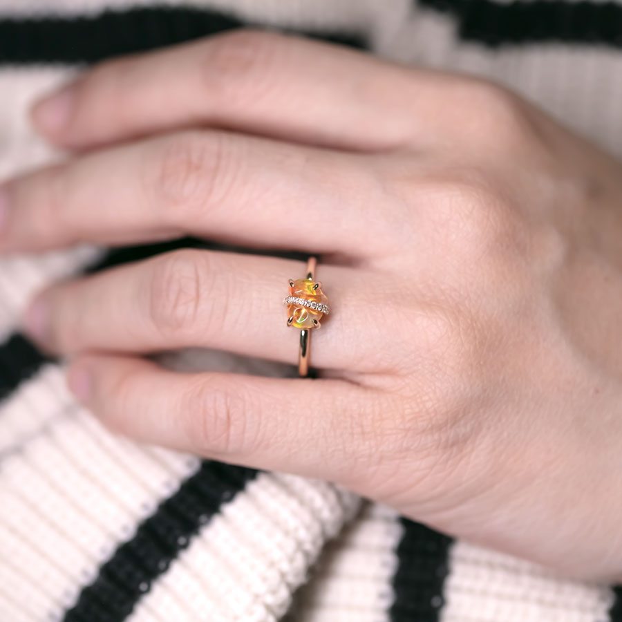Ribbon Wrapped Fire Opal Diamond Engagement Ring 18K Yellow Gold