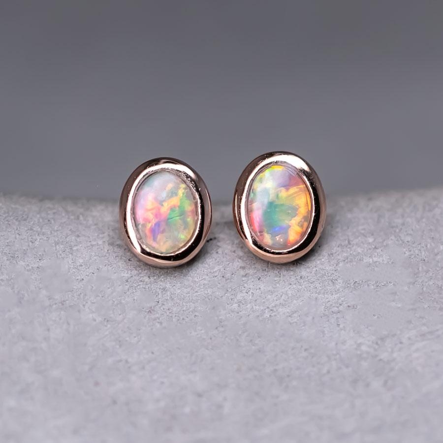 14K Rose Gold Small Oval Australian Solid Opal Stud Earrings