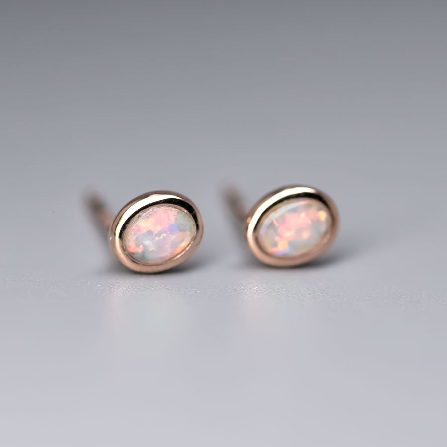 14K Rose Gold Small Oval Australian Solid Opal Stud Earrings