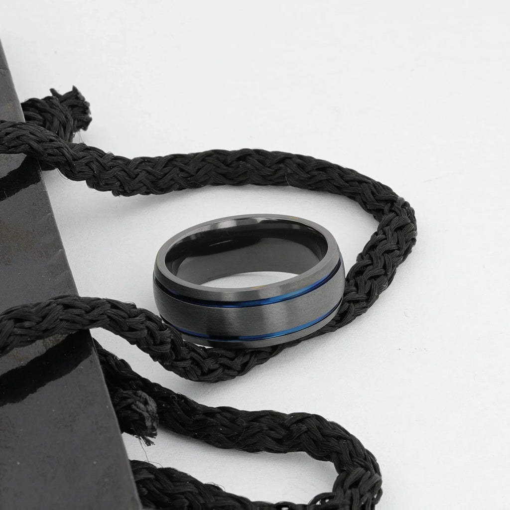 SHERIFF Domed Black Titanium Brushed Finish Men’s Wedding Ring with Blue Grooves – 8mm