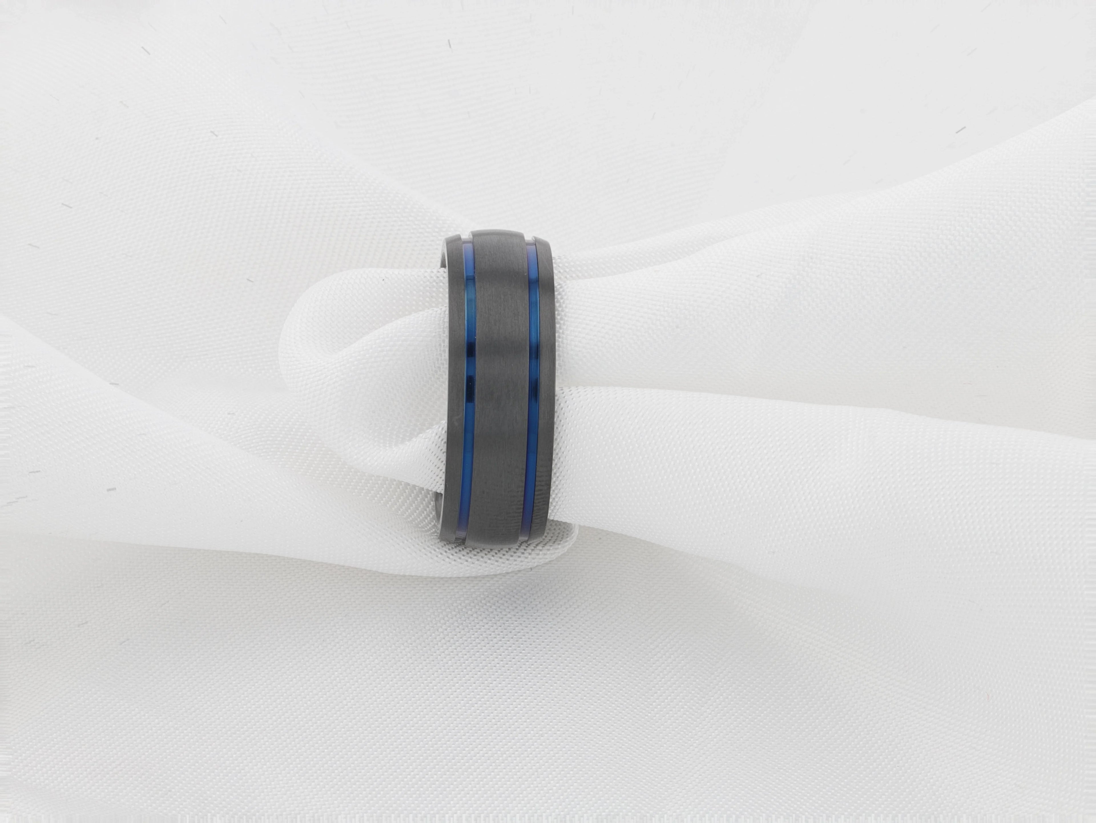 SHERIFF Domed Black Titanium Brushed Finish Men’s Wedding Ring with Blue Grooves – 8mm