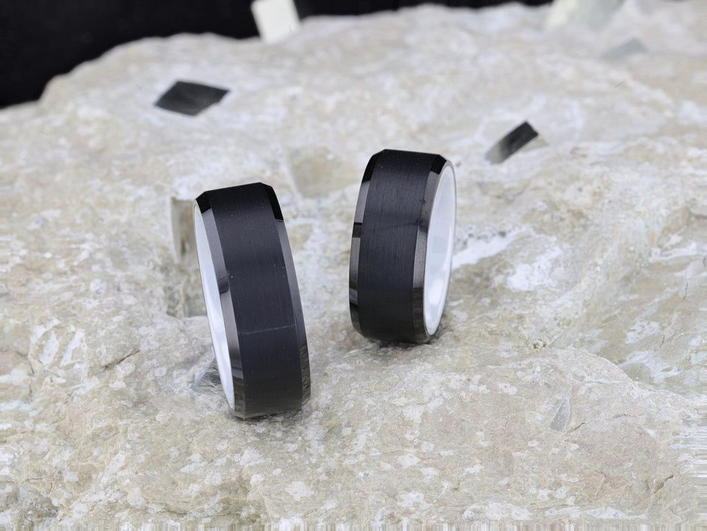 SIGMA Black Tungsten Brushed Center Men’s Wedding Band with Polished Beveled Edges & White Interior - 8mm