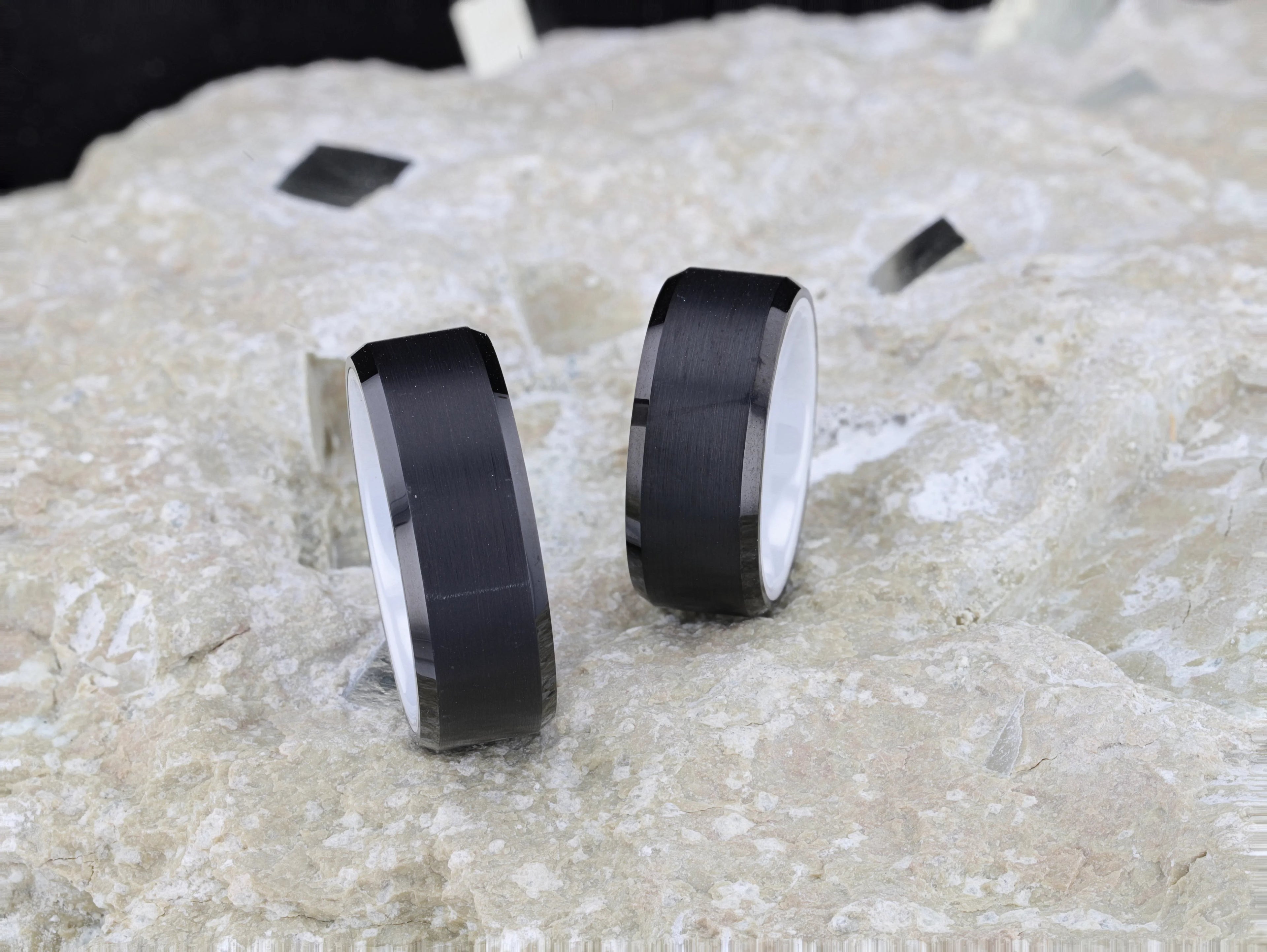 SIGMA Black Tungsten Brushed Center Men’s Wedding Band with Polished Beveled Edges & White Interior - 8mm