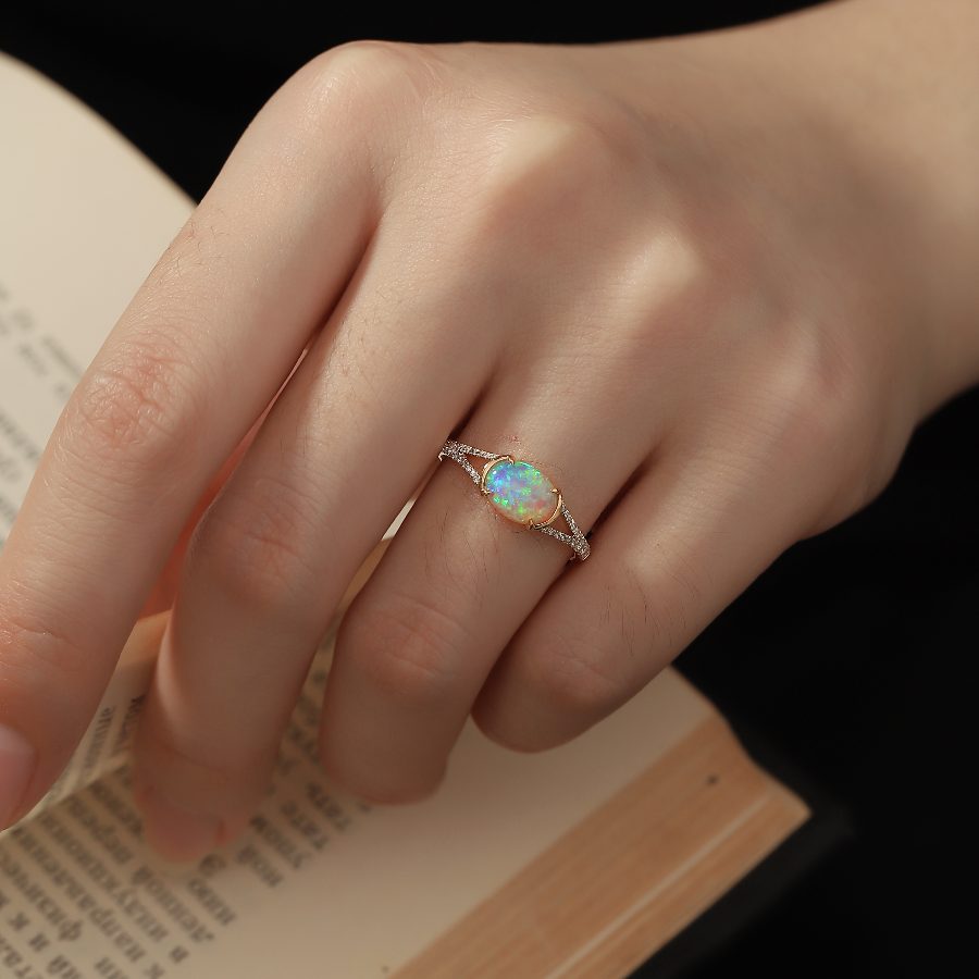 Solid Opal Split Shank Engagement Ring with Pave Setting 18K Yellow Gold