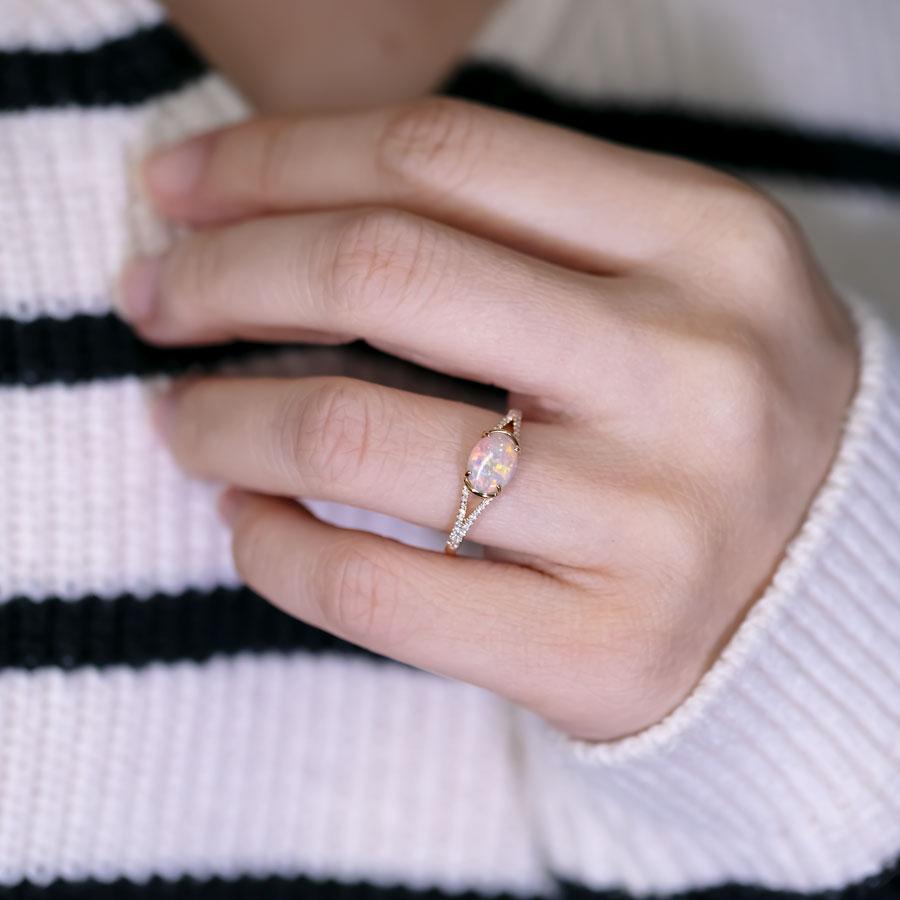 Solid Opal Split Shank Engagement Ring with Pave Setting 18K Yellow Gold