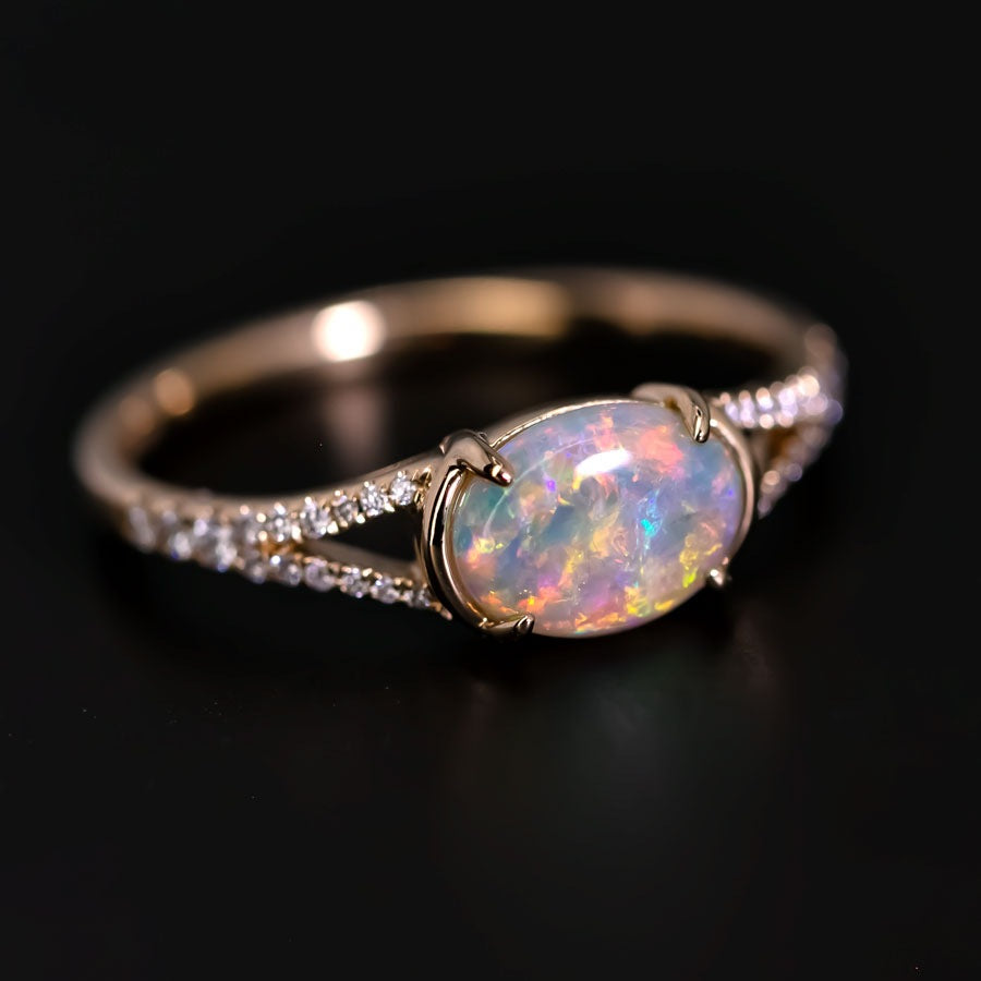 Solid Opal Split Shank Engagement Ring with Pave Setting 18K Yellow Gold