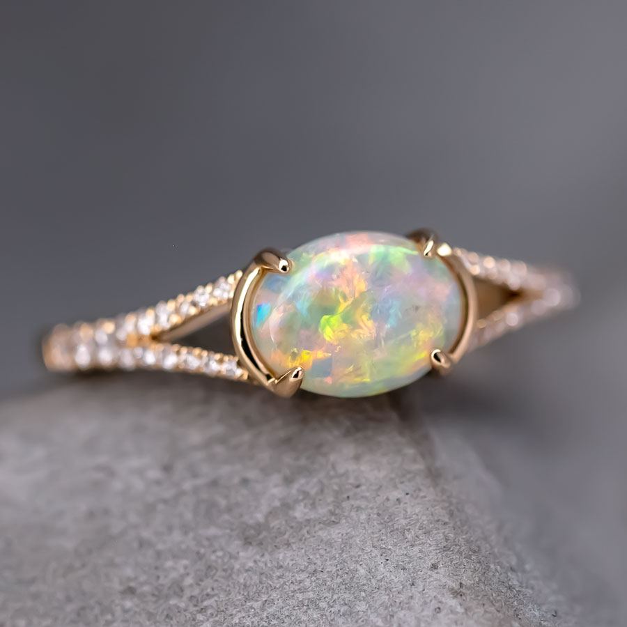 Solid Opal Split Shank Engagement Ring with Pave Setting 18K Yellow Gold