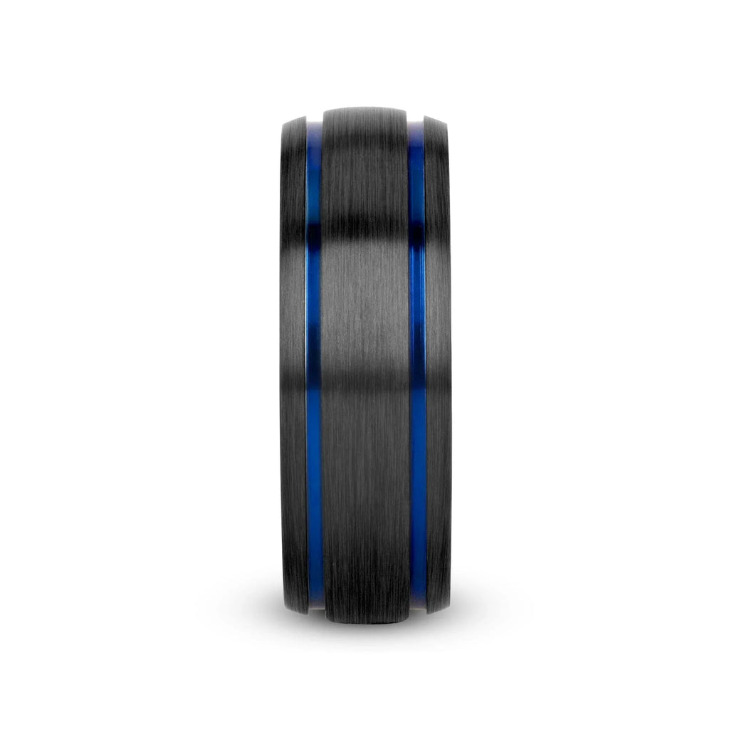 SHERIFF Domed Black Titanium Brushed Finish Men’s Wedding Ring with Blue Grooves – 8mm