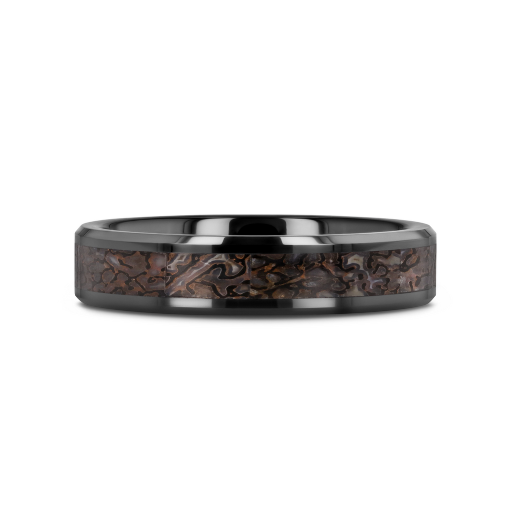 SILURIAN Dinosaur Bone Inlaid Black Ceramic Beveled Edged Ring - 4mm or 8mm