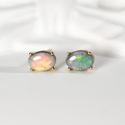 Simple Oval Australian Black Opal Stud Earrings 14k Yellow Gold